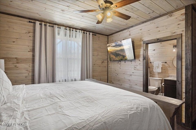 bedroom featuring wood ceiling, wood walls, ceiling fan, and ensuite bathroom