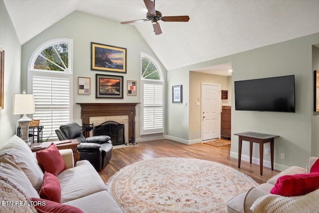 living room featuring a fireplace, light hardwood / wood-style floors, a wealth of natural light, and lofted ceiling