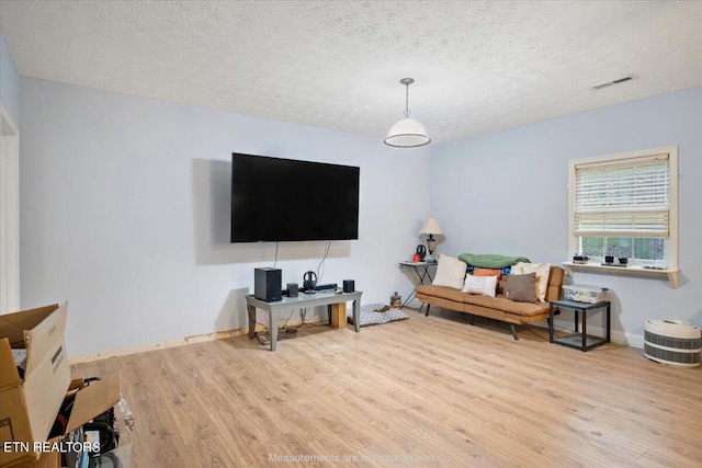 living room featuring light wood-type flooring and a textured ceiling