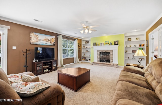 living room featuring a fireplace, ornamental molding, built in features, and light colored carpet