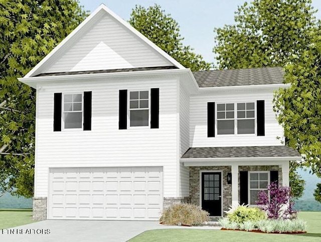 view of front of property featuring a front lawn, driveway, an attached garage, a porch, and roof with shingles