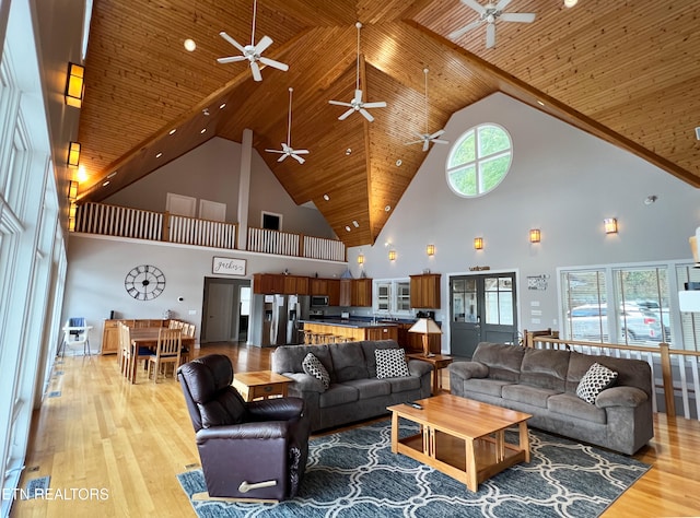 living room featuring high vaulted ceiling, wooden ceiling, sink, and light wood-type flooring