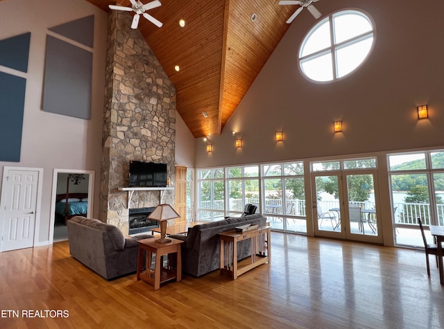 living room with light hardwood / wood-style flooring, a fireplace, and high vaulted ceiling