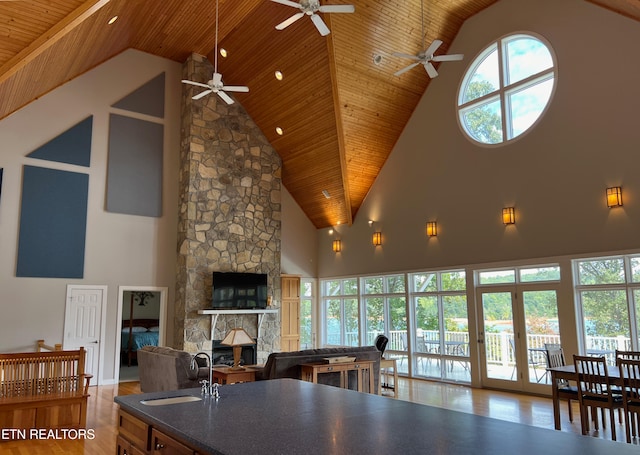 kitchen featuring high vaulted ceiling, wooden ceiling, sink, and a stone fireplace