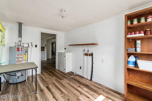 interior space with crown molding, gas water heater, and hardwood / wood-style floors