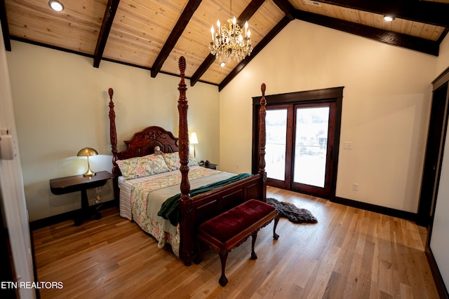 bedroom featuring wood ceiling, access to exterior, beam ceiling, hardwood / wood-style floors, and a chandelier