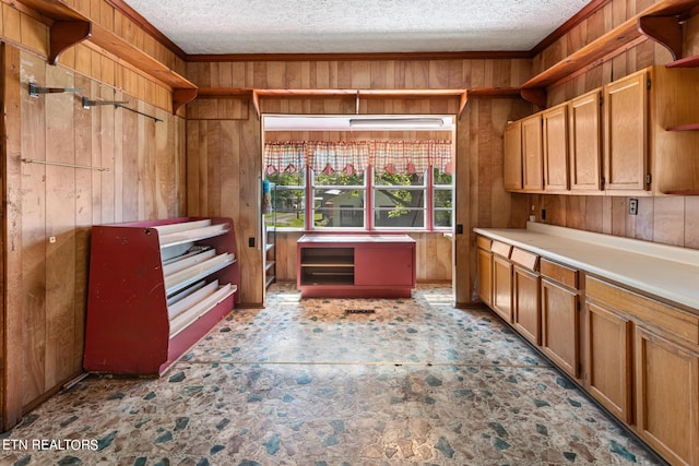 kitchen with wood walls, a textured ceiling, and crown molding