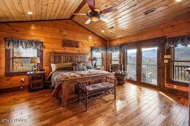 bedroom with access to outside, wooden walls, wood-type flooring, and wooden ceiling