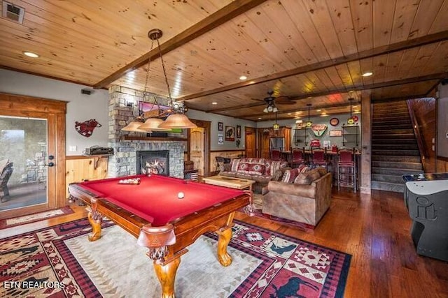 game room featuring wooden ceiling, billiards, ceiling fan, beam ceiling, and wood-type flooring