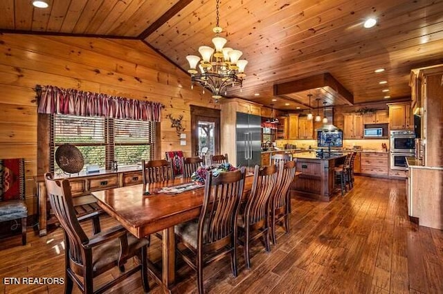 dining area featuring dark hardwood / wood-style flooring, vaulted ceiling, sink, a notable chandelier, and wood walls