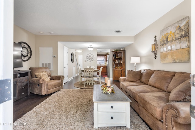 living room featuring dark wood-type flooring