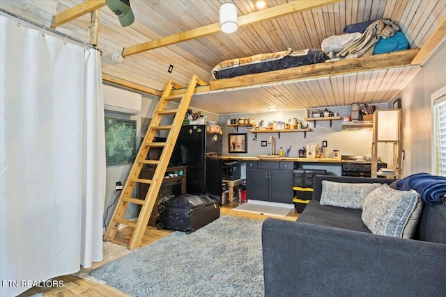 living room featuring wood ceiling, a wall unit AC, beamed ceiling, hardwood / wood-style flooring, and wet bar