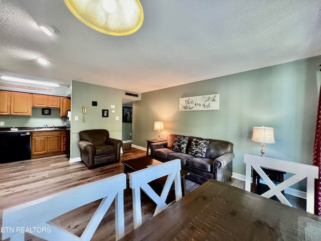 living room with light wood-type flooring, a textured ceiling, and sink