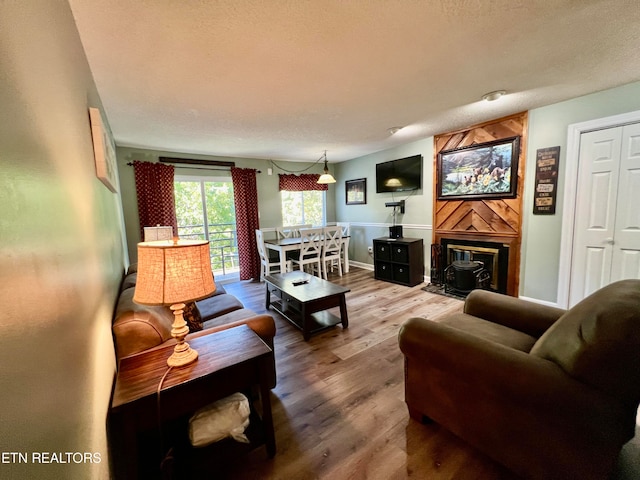 living room featuring hardwood / wood-style flooring, a textured ceiling, and a wood stove