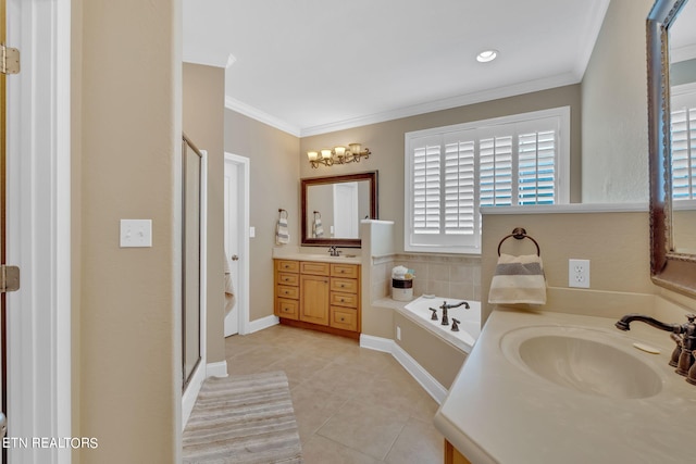 bathroom with plus walk in shower, ornamental molding, tile patterned flooring, and vanity