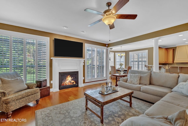 living room featuring ceiling fan with notable chandelier, light hardwood / wood-style flooring, ornamental molding, and a healthy amount of sunlight