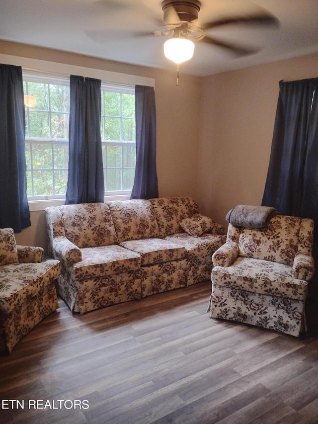 living room featuring wood-type flooring and ceiling fan