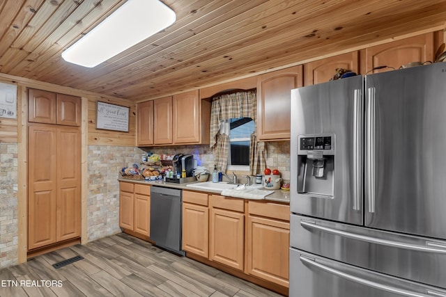 kitchen with sink, backsplash, appliances with stainless steel finishes, wooden ceiling, and light wood-type flooring