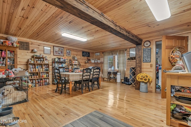 dining space featuring light hardwood / wood-style flooring, wooden walls, beamed ceiling, and wooden ceiling