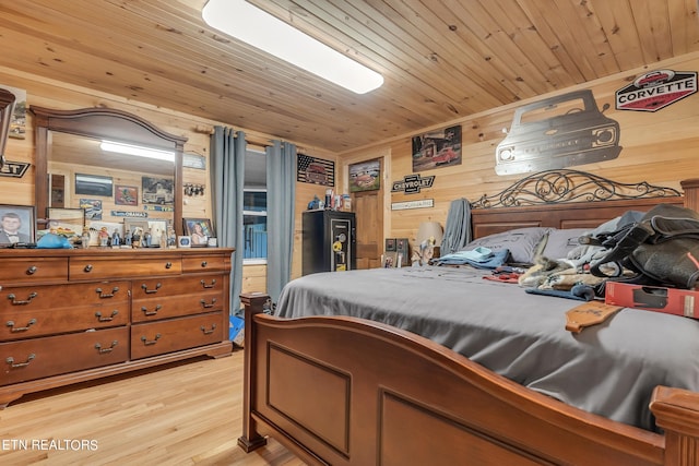 bedroom with light wood-type flooring, wood ceiling, and wood walls