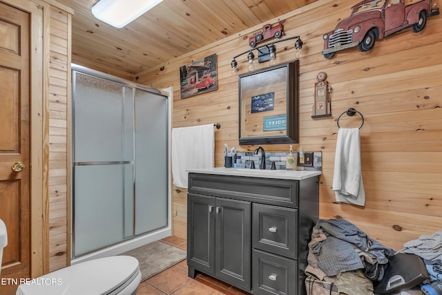 bathroom with walk in shower, vanity, wooden walls, and toilet