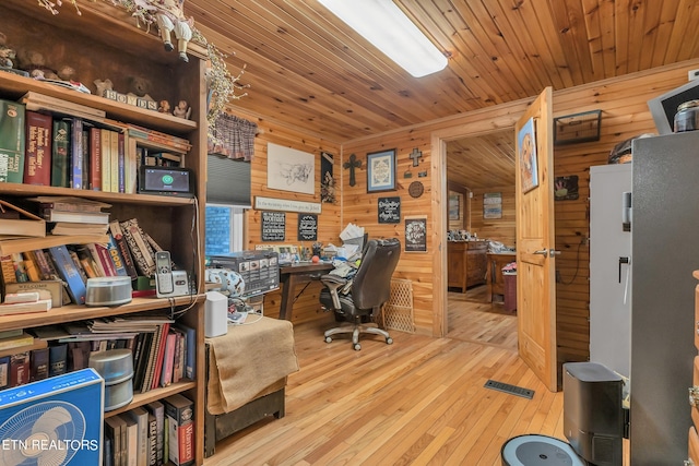 office area featuring light hardwood / wood-style flooring, wood walls, and wooden ceiling