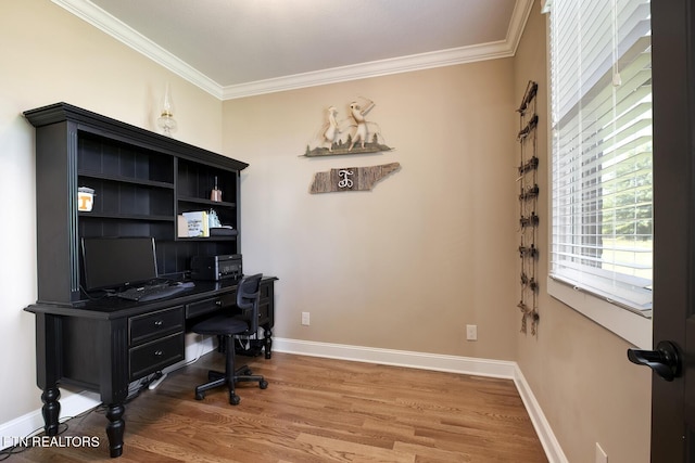 office space featuring wood finished floors, baseboards, and ornamental molding