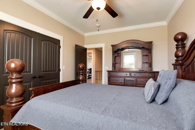 bedroom featuring ornamental molding and ceiling fan