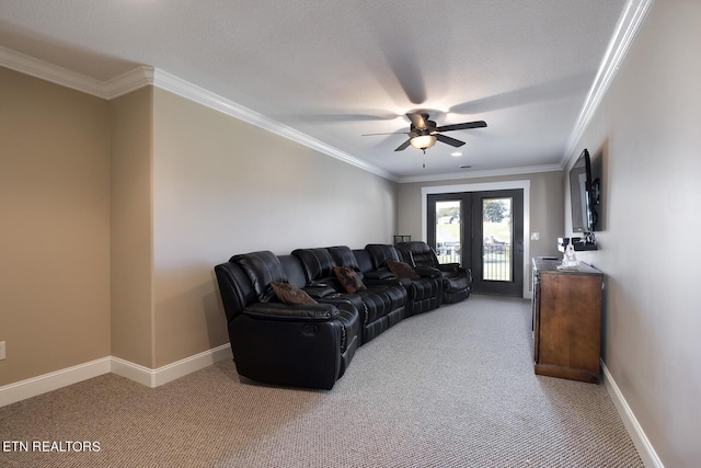 living room with crown molding, light colored carpet, a ceiling fan, french doors, and baseboards