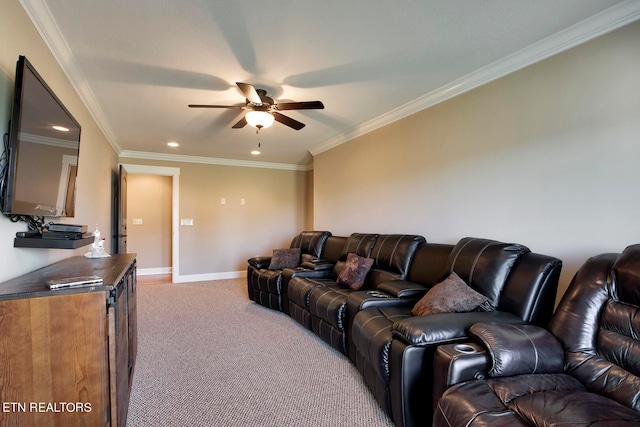 carpeted living room with ornamental molding and ceiling fan