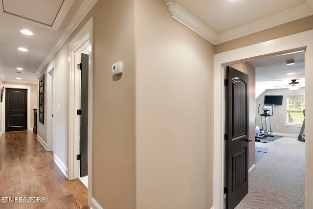 corridor featuring light hardwood / wood-style floors and ornamental molding