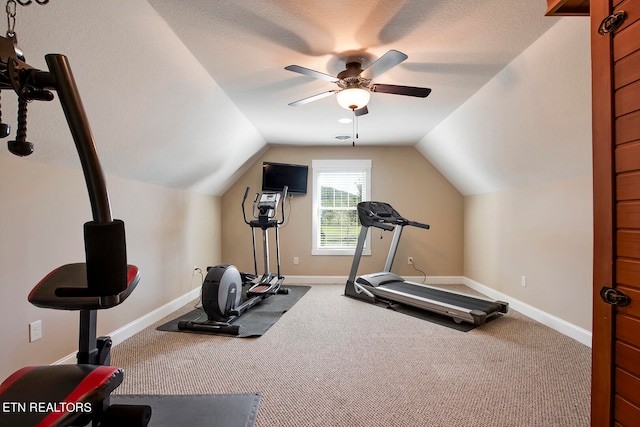 exercise room featuring lofted ceiling, carpet flooring, and ceiling fan