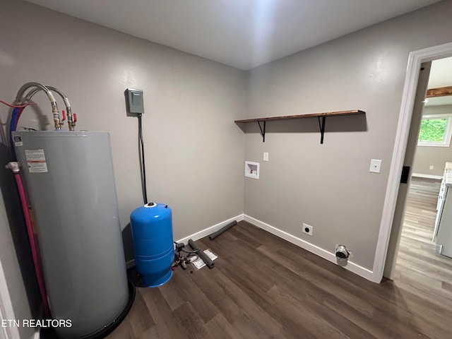 laundry room featuring washer hookup, gas water heater, dark hardwood / wood-style flooring, and electric dryer hookup