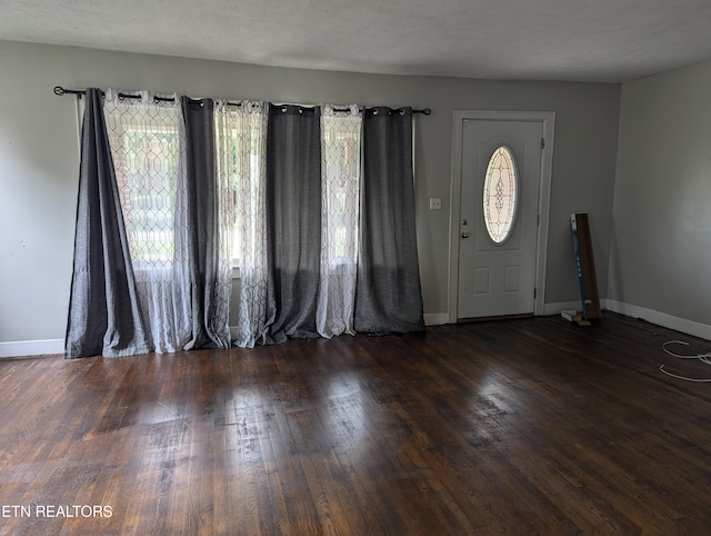 entryway with a textured ceiling, a wealth of natural light, and dark hardwood / wood-style floors