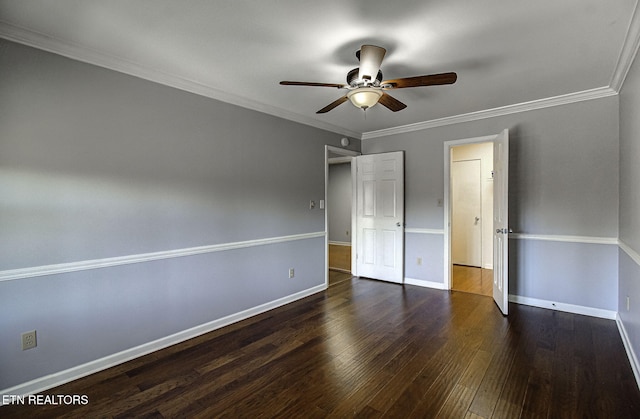 unfurnished bedroom featuring ornamental molding, a ceiling fan, baseboards, and wood finished floors