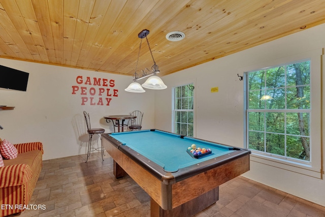 game room with pool table, wood ceiling, and vaulted ceiling