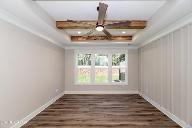 empty room featuring baseboards, a ceiling fan, dark wood-type flooring, beamed ceiling, and recessed lighting