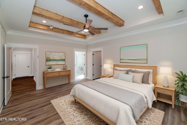 bedroom featuring recessed lighting, visible vents, beamed ceiling, and wood finished floors