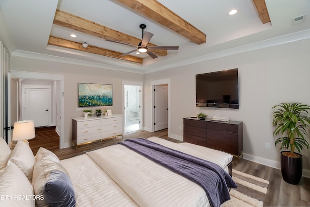 bedroom featuring beam ceiling, recessed lighting, visible vents, wood finished floors, and baseboards