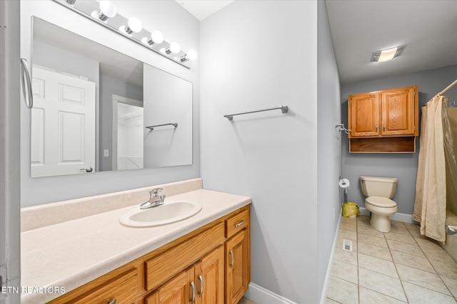 bathroom featuring tile patterned flooring, vanity, toilet, and a shower with shower curtain