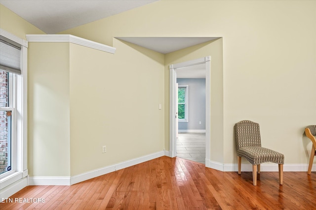 sitting room with lofted ceiling and wood-type flooring