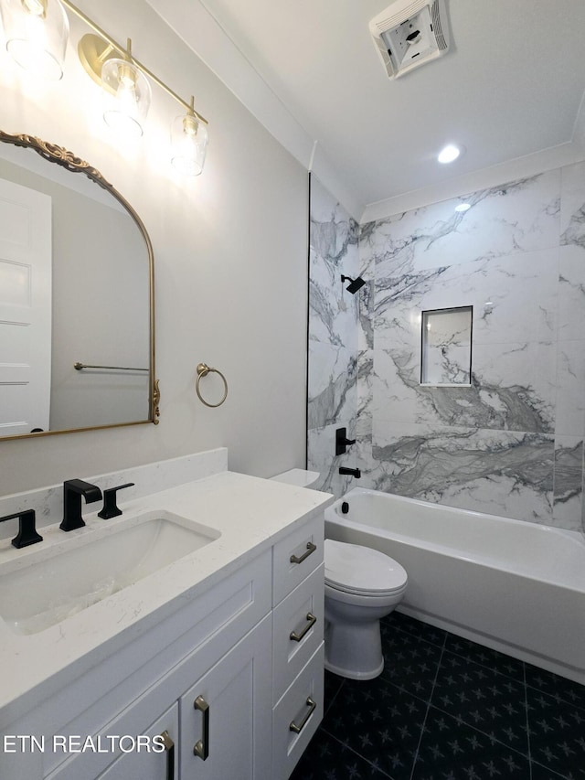 bathroom featuring vanity, visible vents, tub / shower combination, tile patterned floors, and toilet