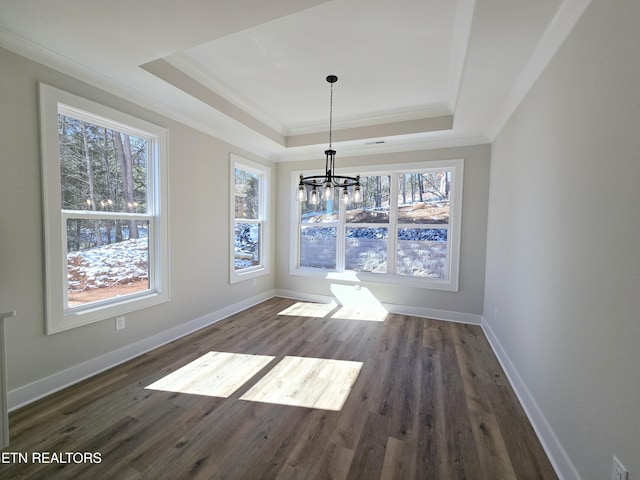 unfurnished dining area with a wealth of natural light, baseboards, a raised ceiling, and dark wood finished floors