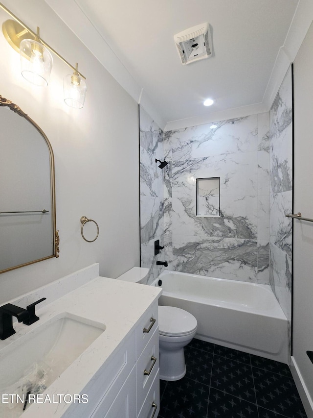 full bathroom featuring visible vents, crown molding, toilet, vanity, and  shower combination