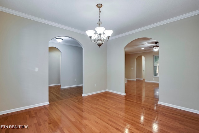 unfurnished room with ceiling fan with notable chandelier, ornamental molding, and hardwood / wood-style floors