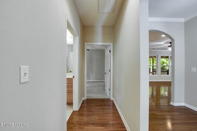 hall featuring wood-type flooring and ornamental molding