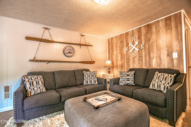 living room featuring a textured ceiling and wooden walls