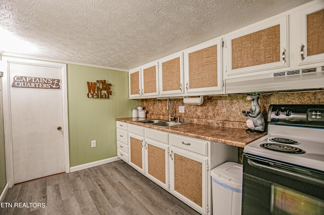 kitchen featuring wood walls, sink, white cabinetry, light wood-type flooring, and white range with electric stovetop