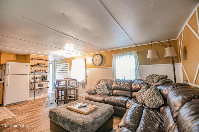 living room with a textured ceiling and light wood-type flooring