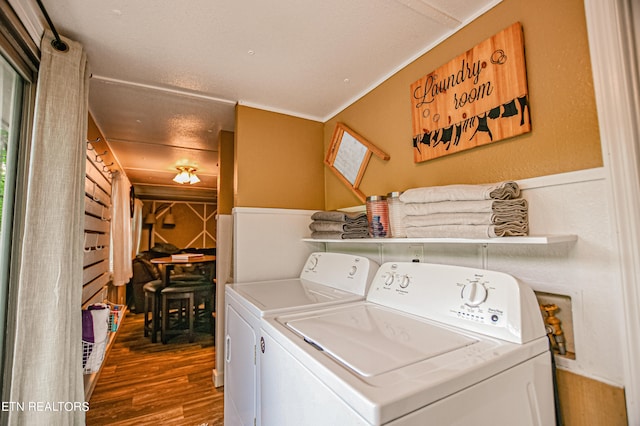 laundry area featuring wood-type flooring and washer and dryer